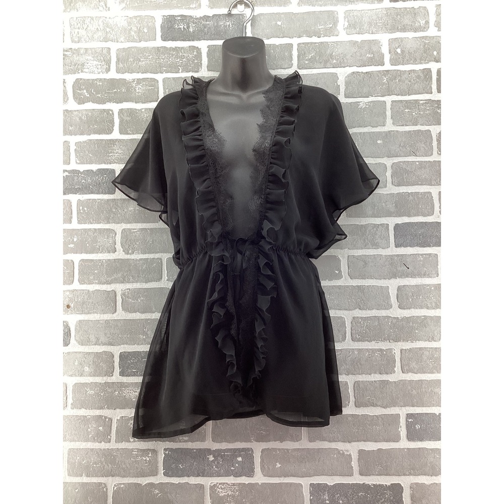 Victorias Secret Black Sheer Ruffle Lace Babydoll Top Chemise SM PM Lingerie